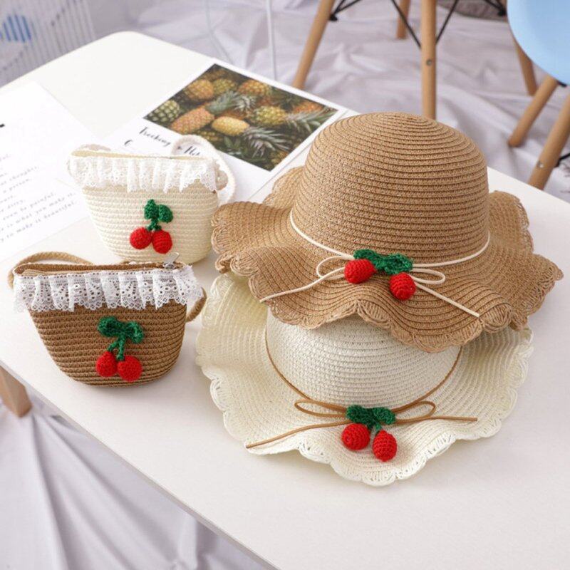 Mũ/ Túi đeo chéo đan rơm trang trí quả cherry xinh xắn dành cho bé gái 2-8 tuổi