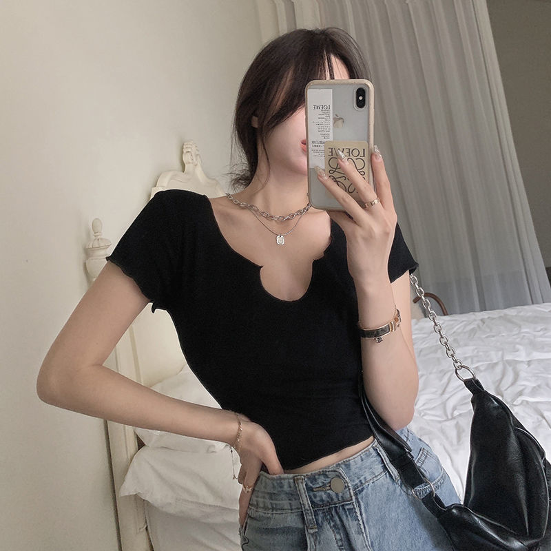 COZOK Áo thun croptop COZOK ngắn tay cổ chữ V thời trang cho nữ