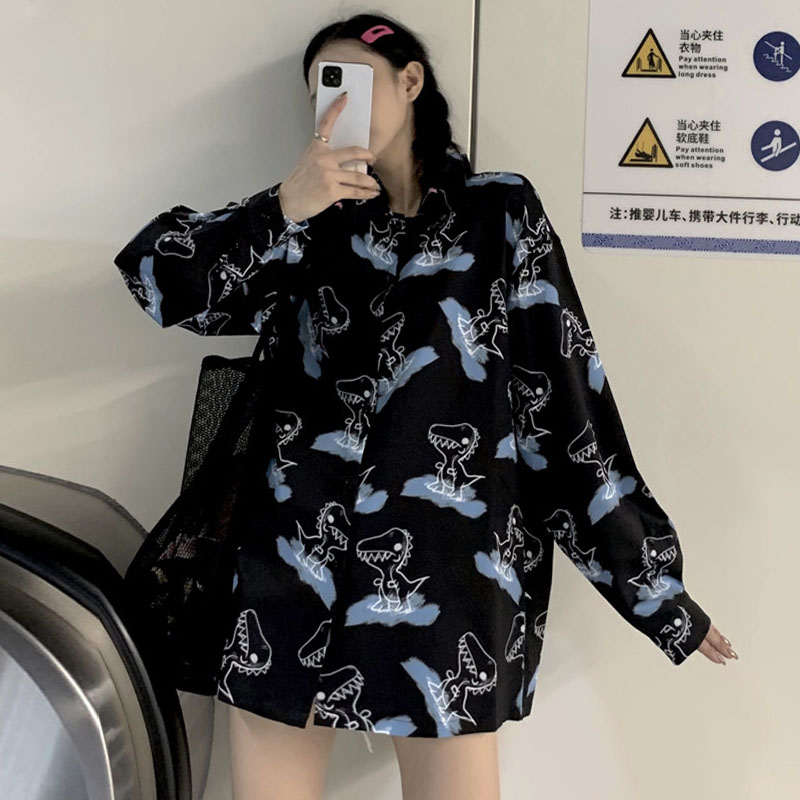 Women's Retro Print Korean Top Fashion Loose Dinosaur Long Sleeve Shirt