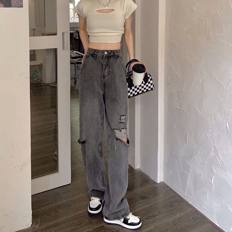 Quần jeans lưng cao quần bò ống rộng dài gần 100cm
