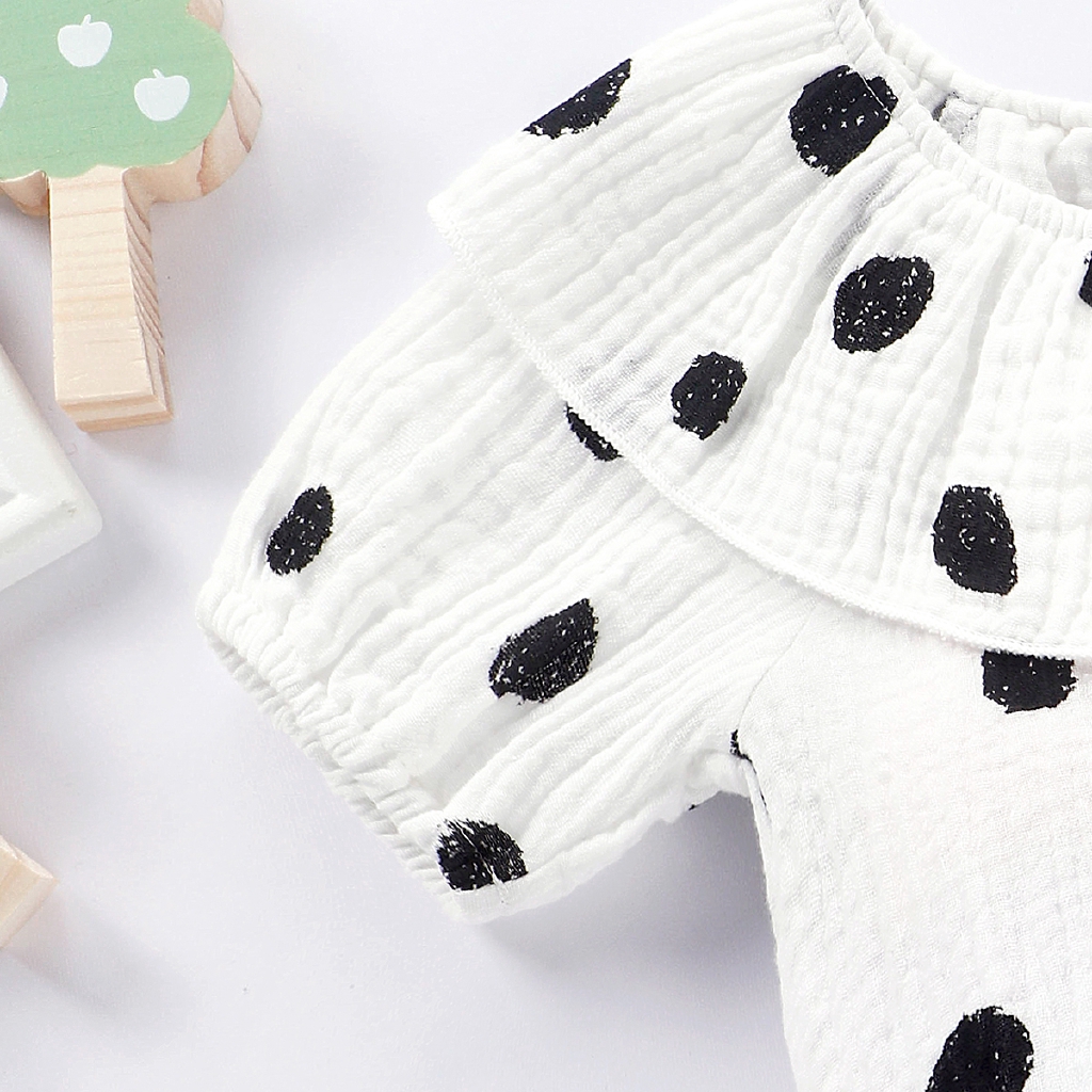 Set jumpsuit+ mũ chất liệu cotton lanh họa tiết chấm bi đáng yêu dành cho bé trai/gái