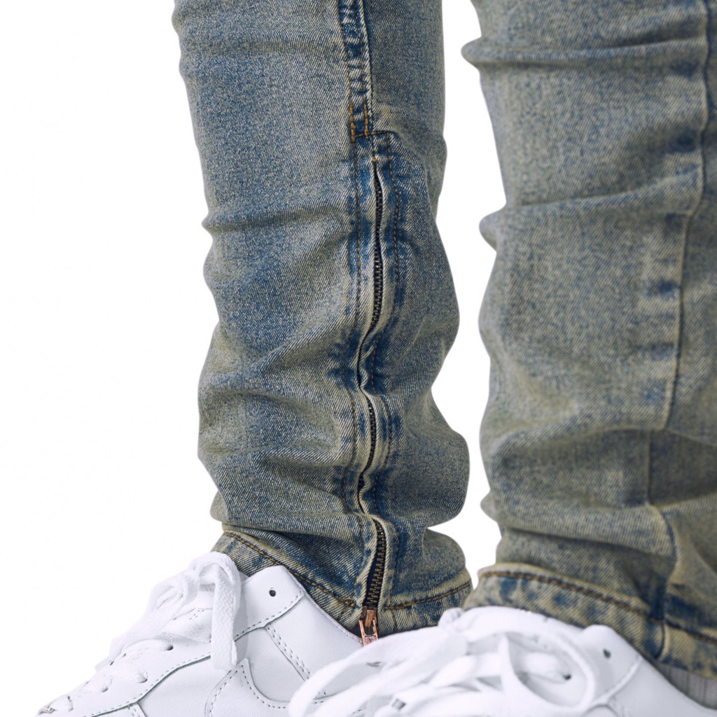 Quần Skinny Jeans Nam FNOS Streetwear Màu Xanh Rách Gối Có Zip Z29 - Local Brand Chính Hãng