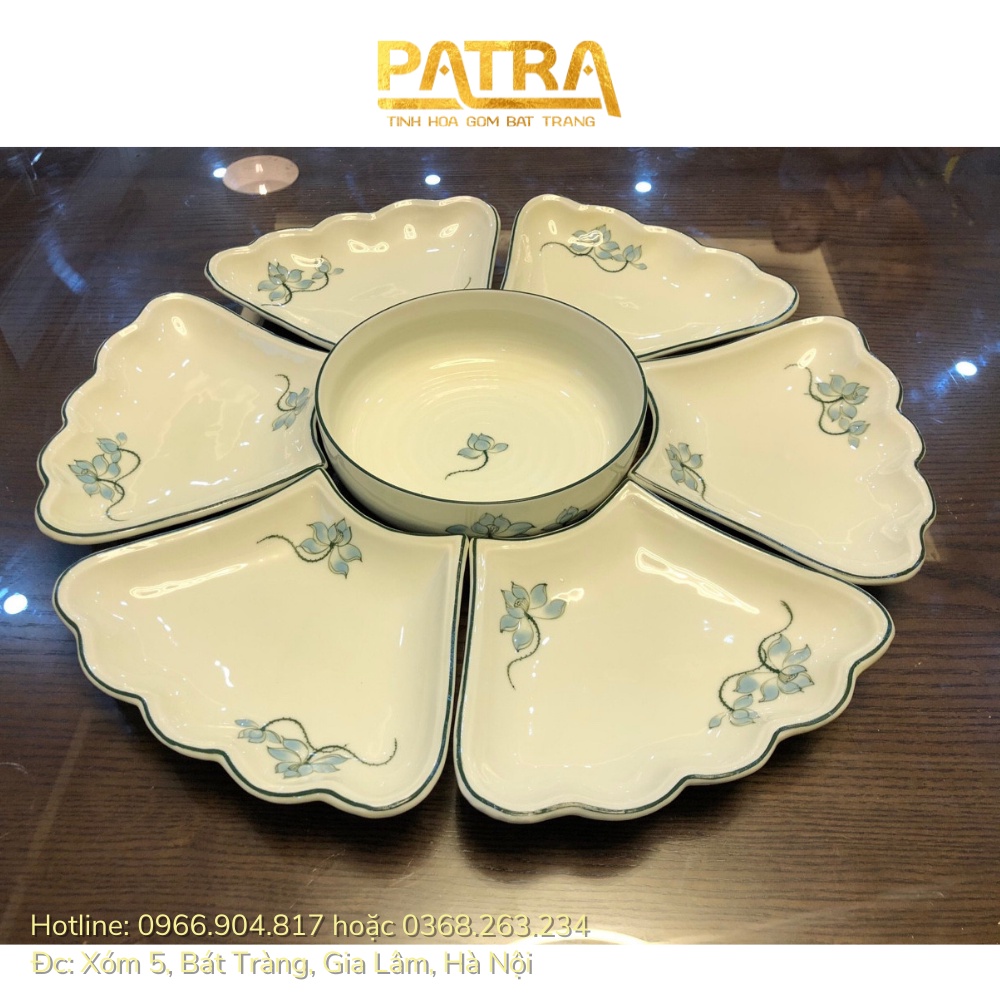 Bộ bát đĩa hoa mặt trời, bát đĩa sứ men kem Bát Tràng họa tiết sen xanh thờ cúng gia tiên