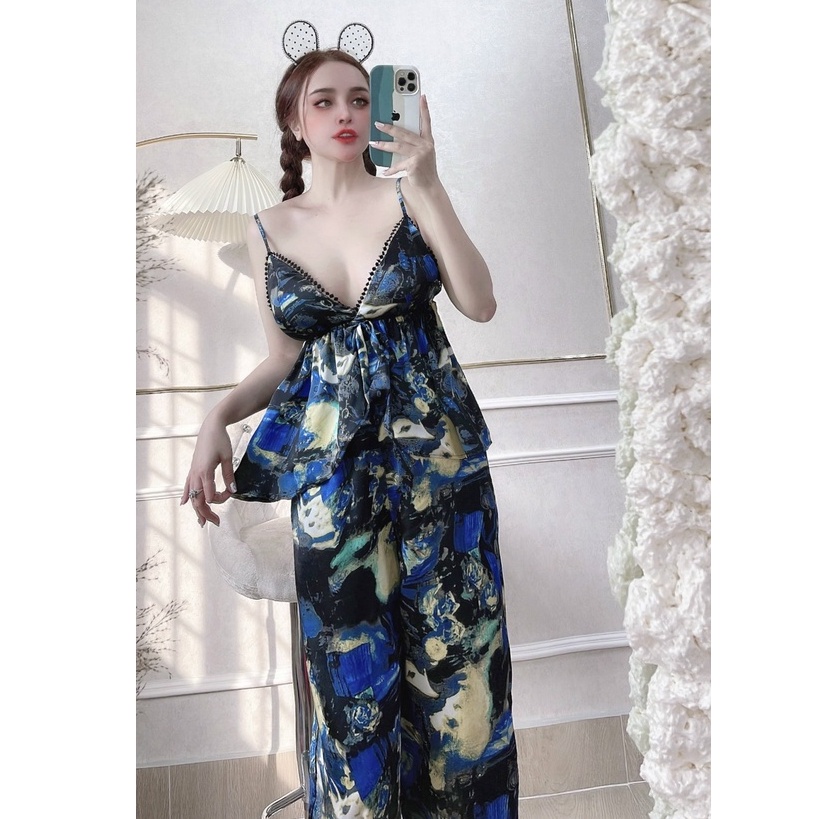 (freeship 50k ) Đồ Bộ Lụa Mặc Nhà Nhistore Áo Hai Dây Cúp Ngực Sexy Phối Quần Dài Ống Suông Freesize Dưới 57kg
