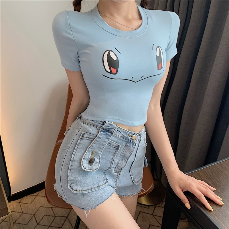 Áo thun croptop tay ngắn in hình Pikachu dễ thương