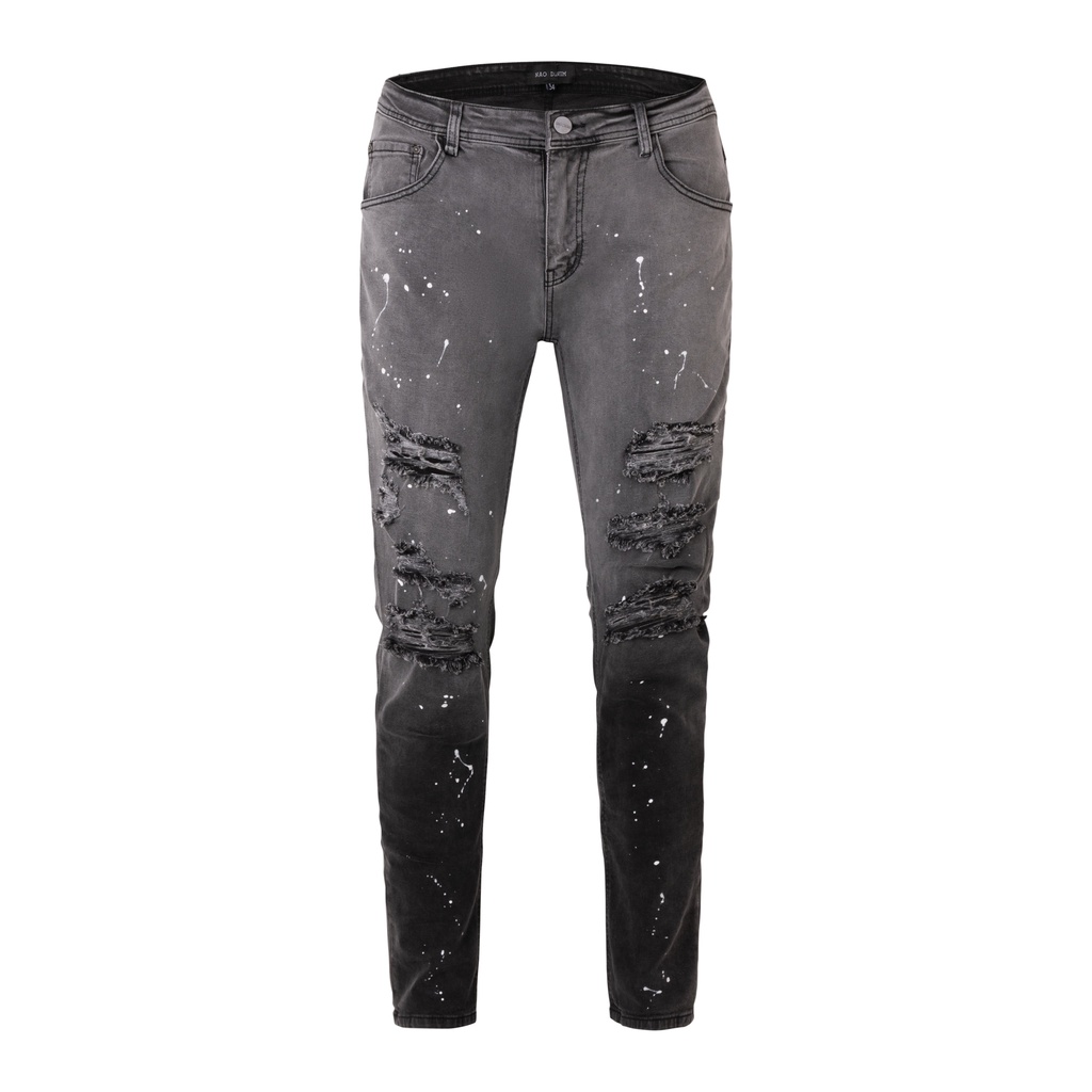 Quần jean nam cao cấp streetwear màu đen wash vẫy sơn rách bui bậm form slimfit chất jean co giãn, thoải mái.