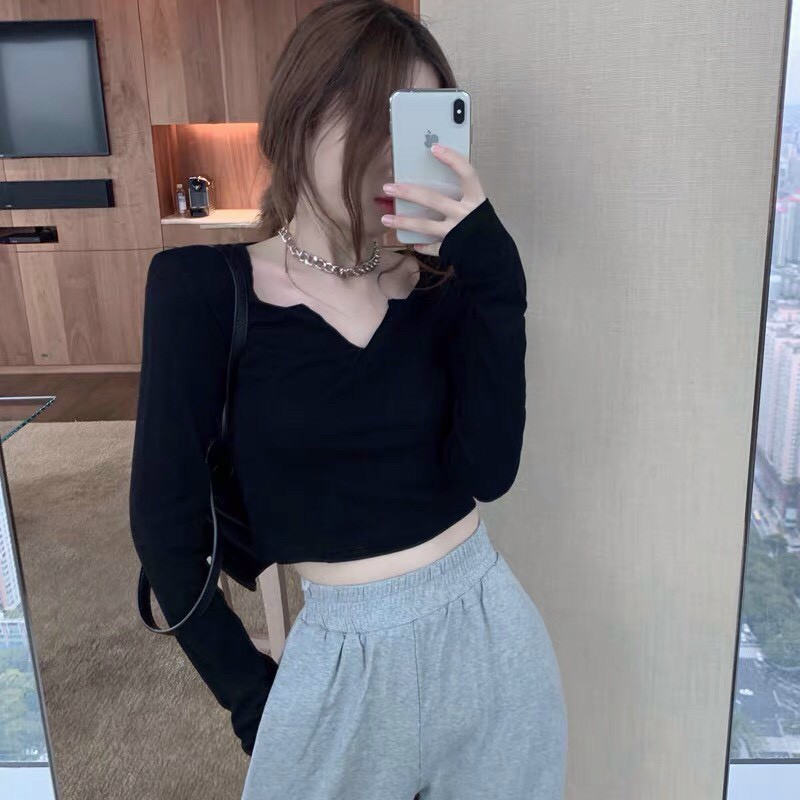 áo kiểu tay dài thun bozip cổ khoét v xinh ảnh thật nehs