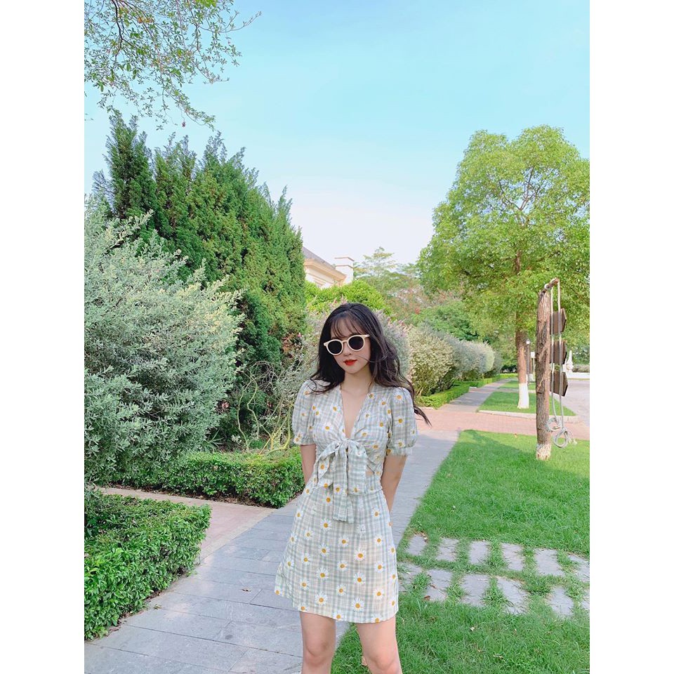 Đầm hoa cúc cột nơ khoét eo (💯ảnh thật)