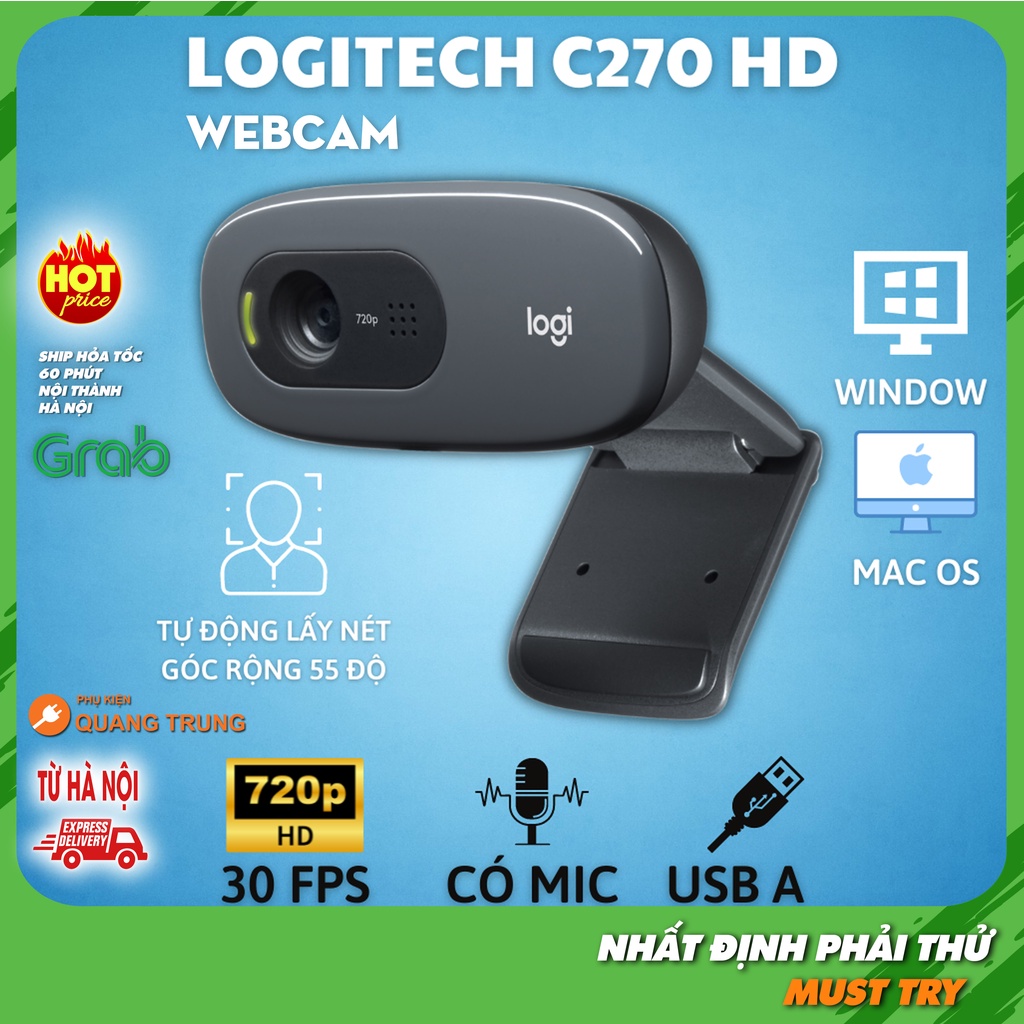 Webcam logitech C270 HD, autofocus dùng rất tốt cho học online, hội họp và livestreams, có hỗ trợ mic