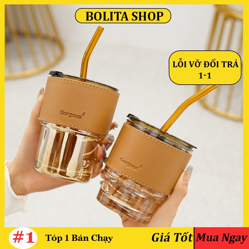 Ly uống nước thủy tinh đẹp dễ thương decor có nắp có ống hút 420ml VỎ DA cốc thủy tinh cute uống cafe sinh tố OUOUDECOR