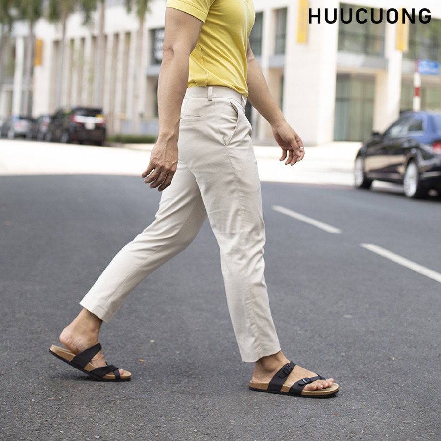 Dép unisex Xỏ Ngón HUUCUONG Quai Da Thật Màu Đen Đế Trấu