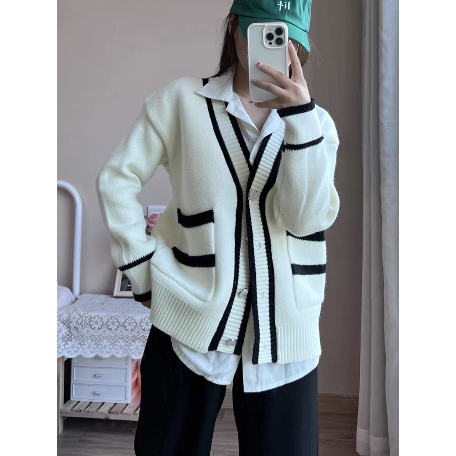 Áo khoác len cardigan trơn phối viền Forgirl dáng xuông có túi
