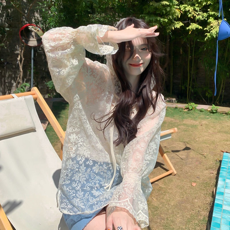 Áo Khoác Ren Lưới Trong Suốt Có Nón Trùm Đầu Chống Nắng Thời Trang Cho Nữ