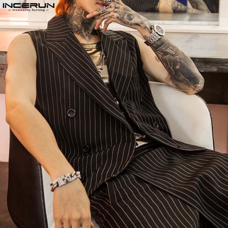 INCERUN Áo Ghi Lê Không Tay Kẻ Sọc + Quần Short Giả Váy Phong Cách Retro Cho Nam