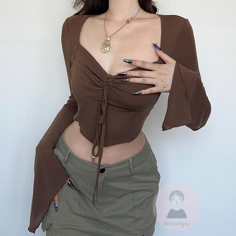 DRESSINGUP-Áo Thun Tay Dài Cổ Chữ V Dây Rút Màu Sắc Thời Trang Cho Nữ