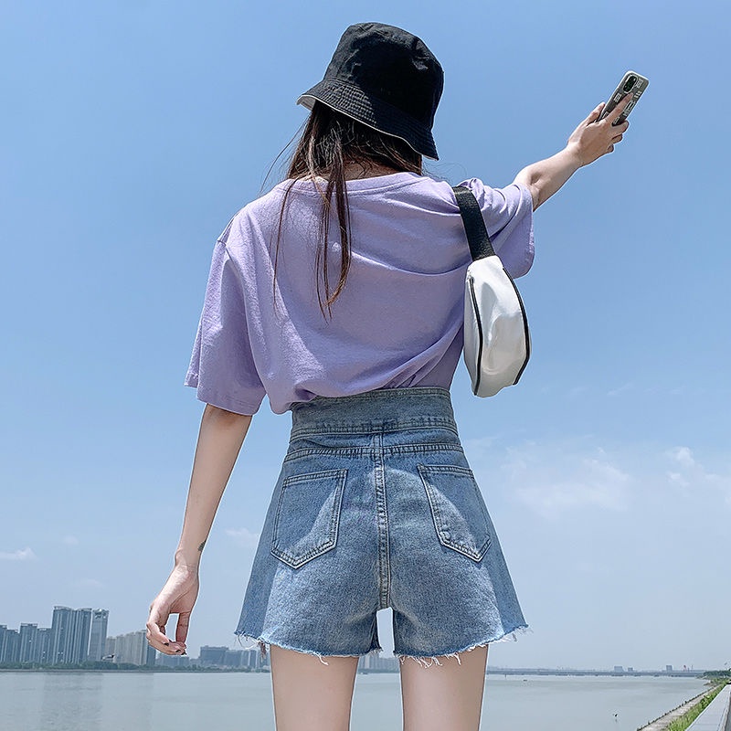 Jiashucheng Quần Short Denim Lưng Cao Dáng Chữ a Phối Vết Rách Thời Trang Mùa Hè Cá Tính Cho Nữ