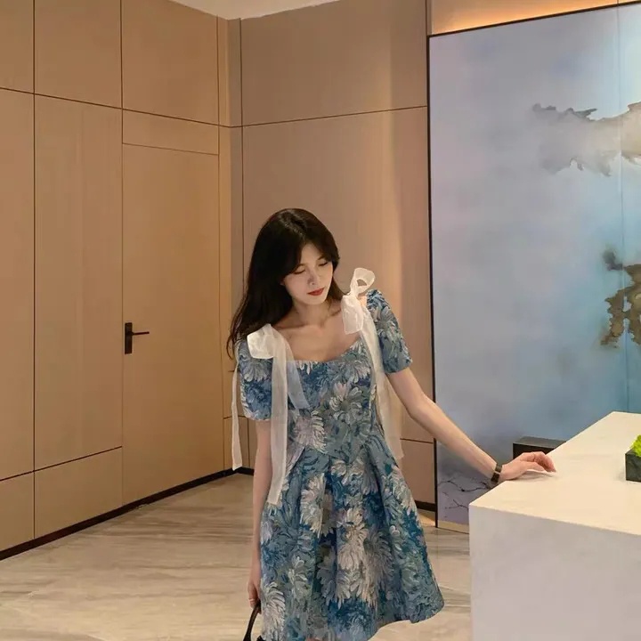 [MURIOKI] Đầm Chữ A Cổ Vuông Họa Tiết Tranh Sơn Dầu Ngọt Ngào Cho Nữ