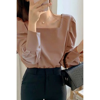 -❣️FREESHIP❣️ÁO CỔ VUÔNG PHỐI NÚT TAY XÊP LY CHẤT TƠ GÂN