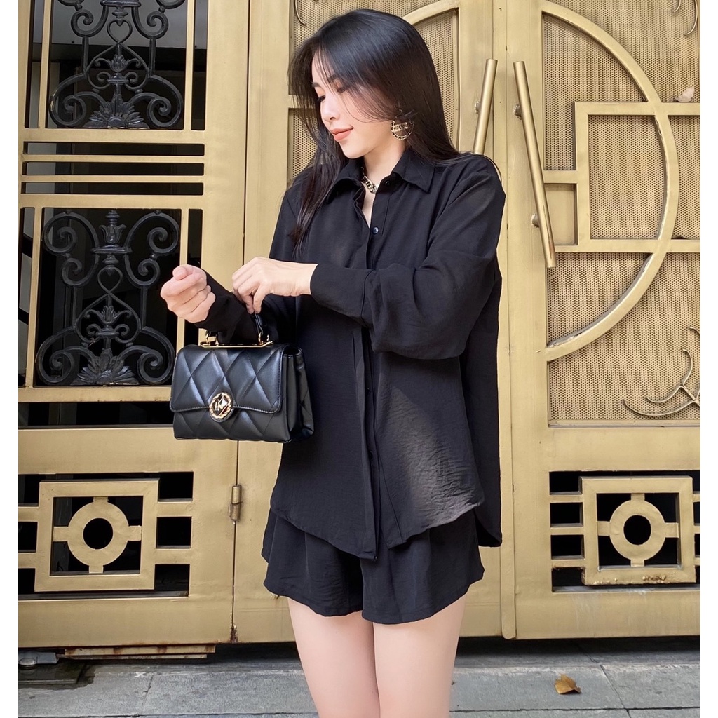 Set sơ mi nữ ulzzang kiểu chéo eo kèm quần hai màu Trắng/ Đen| Áo sơ mi nữ kiểu Hàn Quốc form rộng, tay dài - CB