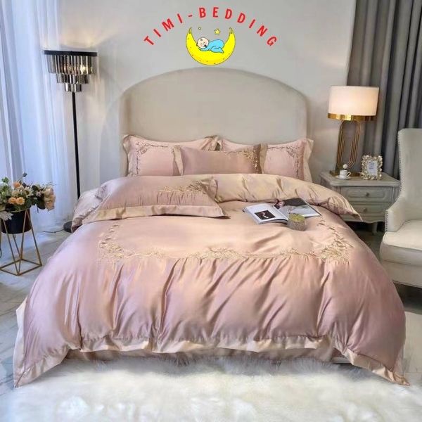 Bộ chăn ga gối lụa 4 món thêu hoàng gia cao cấp, nhập khẩu, sang trọng – Set ga gối lụa – Timibedding