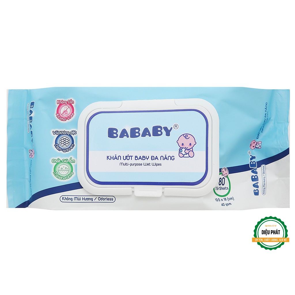 ⚡️ Khăn Ướt Em Bé Bababy Xanh Gói 80 Miếng - Không Mùi