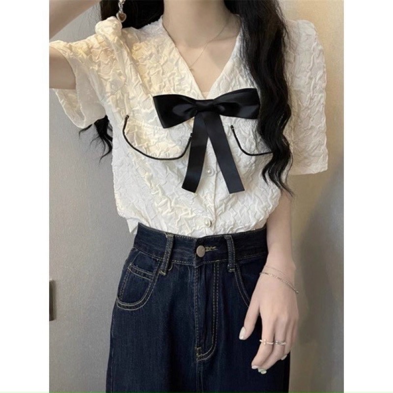 Áo sốp dáng lỡ cổ đính nơ siêu xinh, Áo kiểu chất sốp đính lơ