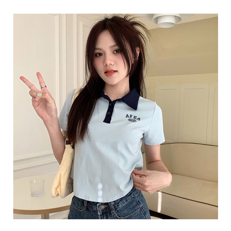 Áo thun cổ polo tay ngắn ôm vừa vặn ngắn thời trang mùa hè Mỹ cổ điển thịnh hành cho nữ HxV0