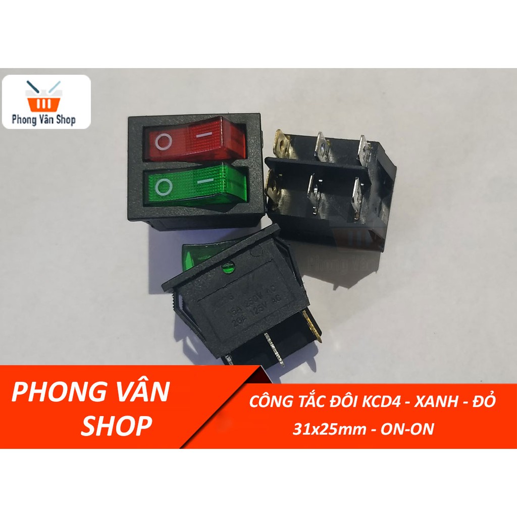 2 Công tắc đôi KCD4 - 31x25mm - Đỏ - Xanh - ON-OFF - Có bóng báo sáng