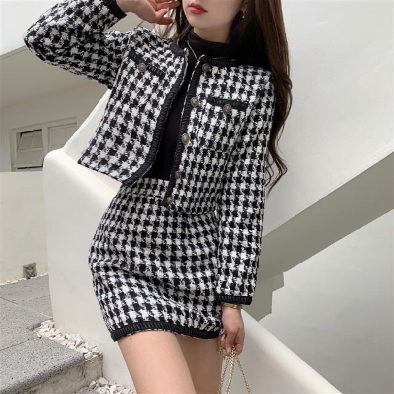 Set dạ tweed áo khoác lửng dài tay phối chân váy ngắn, có video