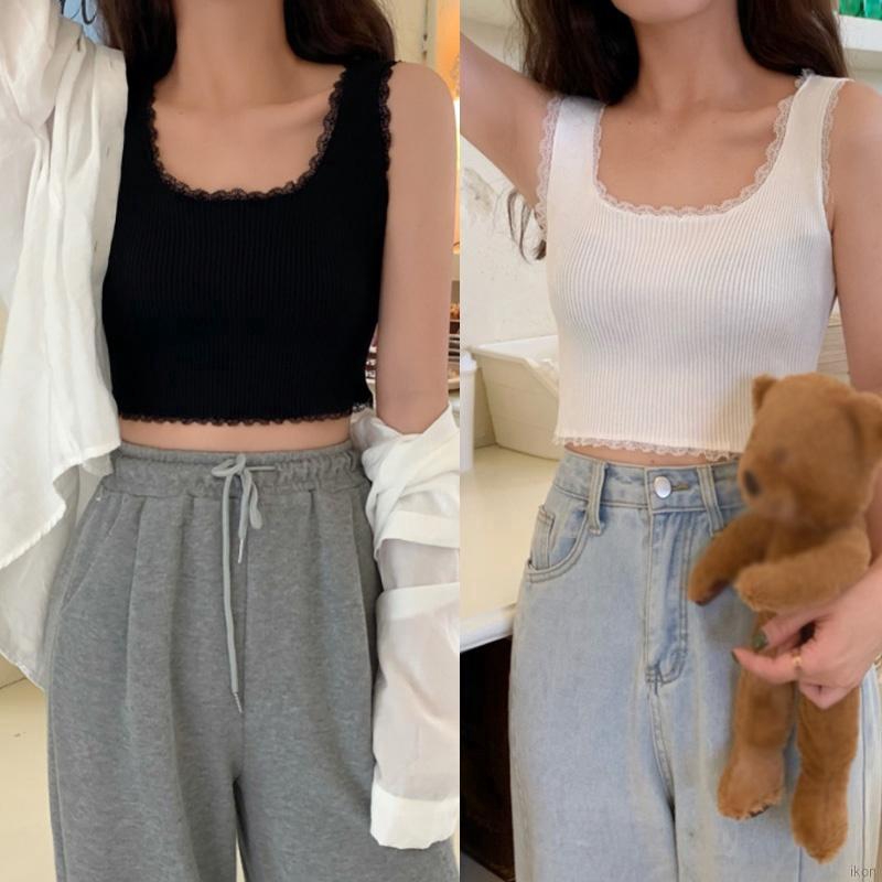 Áo dệt kim hai dây phối ren phong cách Hàn Quốc quyến rũ dành cho nữ