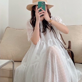 Váy babydoll suông dài, đầm nữ cộc tay phom rộng họa tiết chấm bi 2 lớp freesize tiểu thư hàn quốc Ylydress C1031