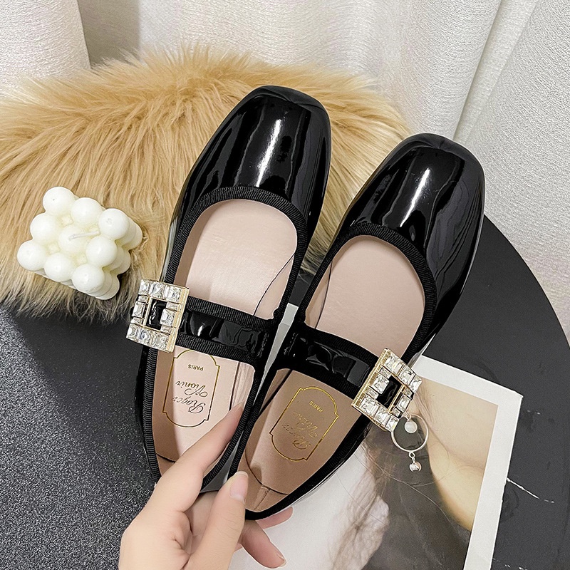IELGY Đôi giày búp bê mũi vuông đính kim cương nhân tạo sành điệu dành cho nữ