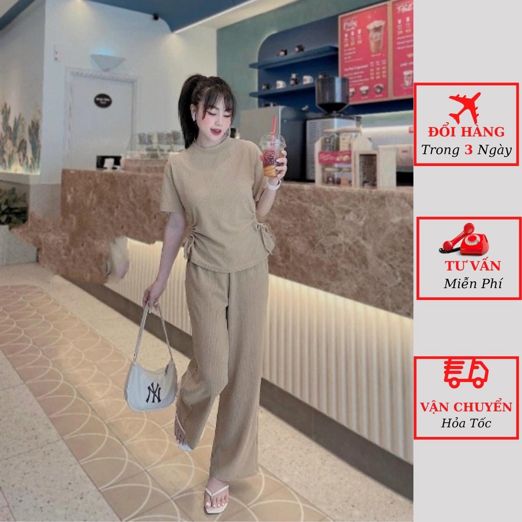 Set áo thun đũi xốp nhăn rút eo kèm quần suông ống rộng đi biển du lịch ulzzang Hàn Quốc