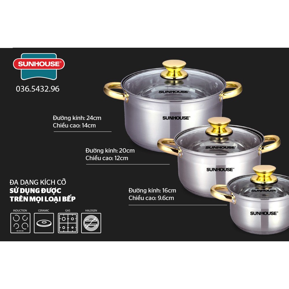 [ Siêu rẻ ] Bộ nội inox 5 đáy Sunhouse SH781
