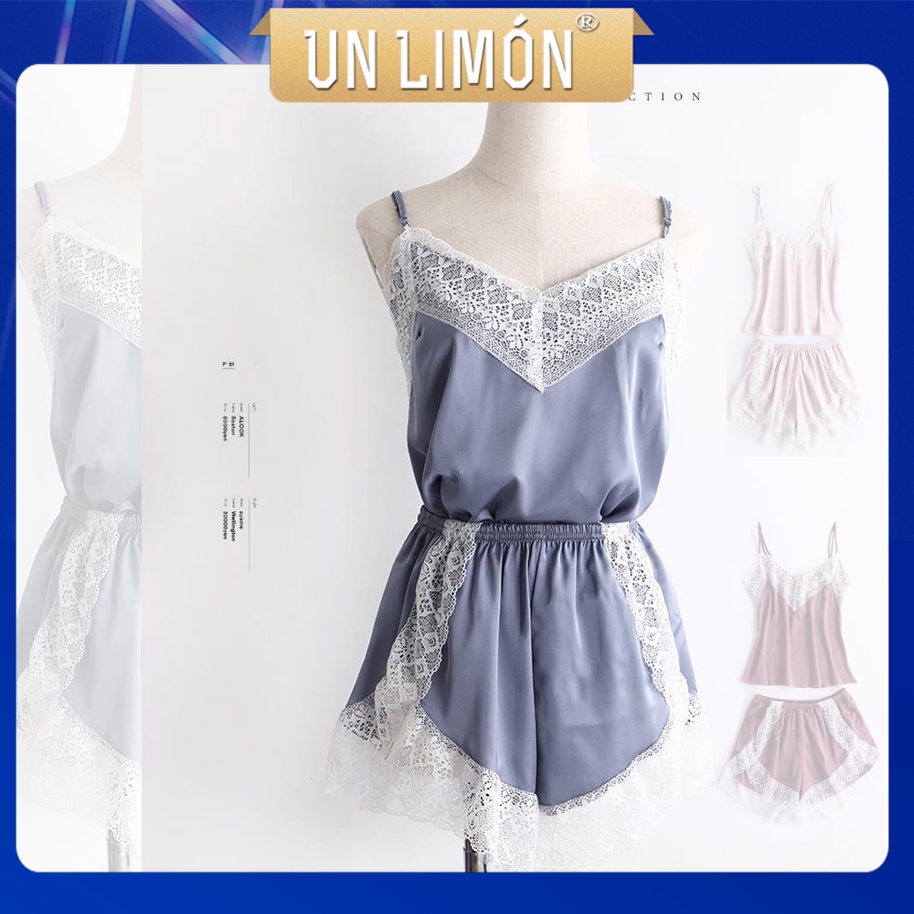 Bộ đồ ngủ UNLIMON chất vải lụa satin phối ren cho nữ