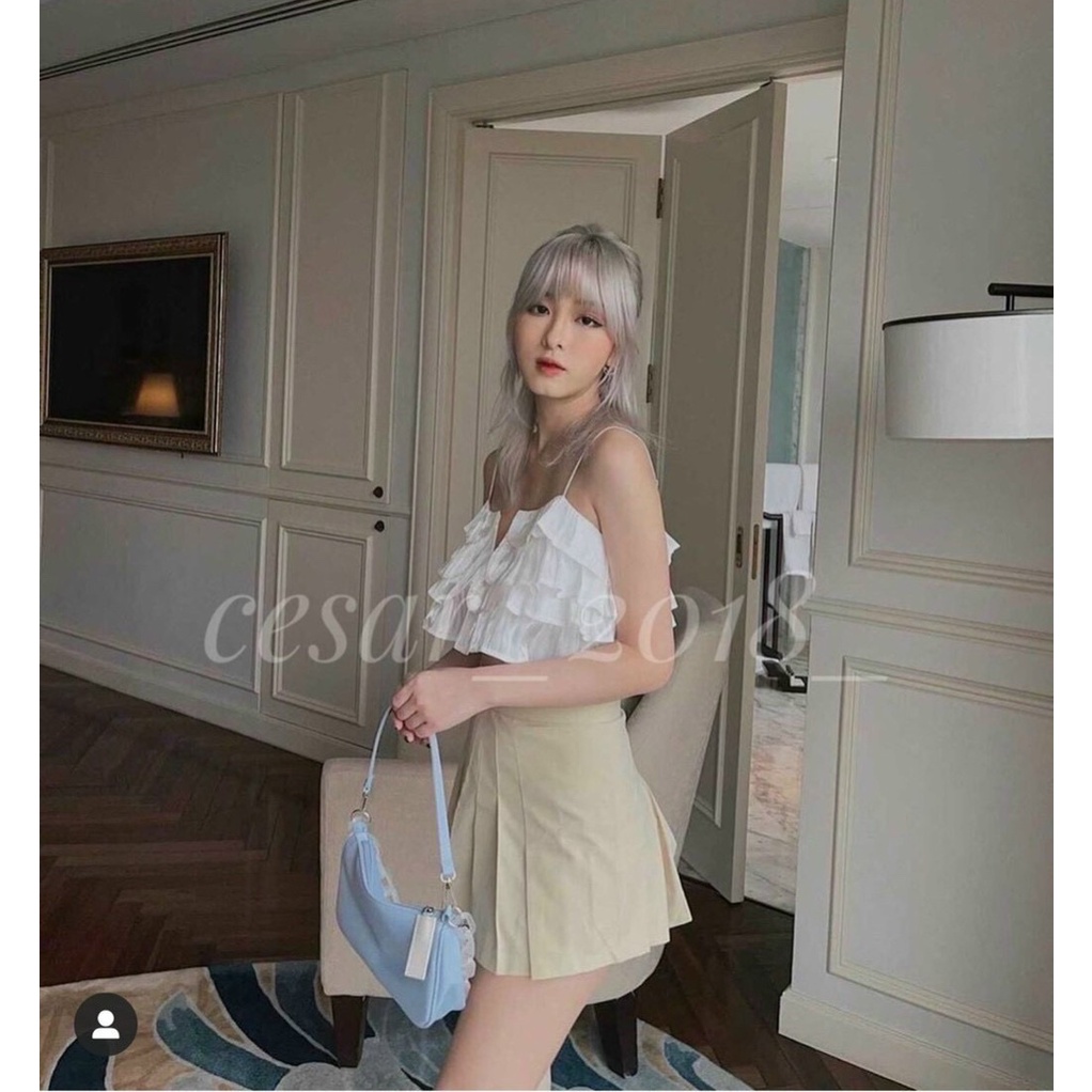 Set croptop trắng 2 dây bèo tầng, Chân váy nude xếp ly | BigBuy360 - bigbuy360.vn