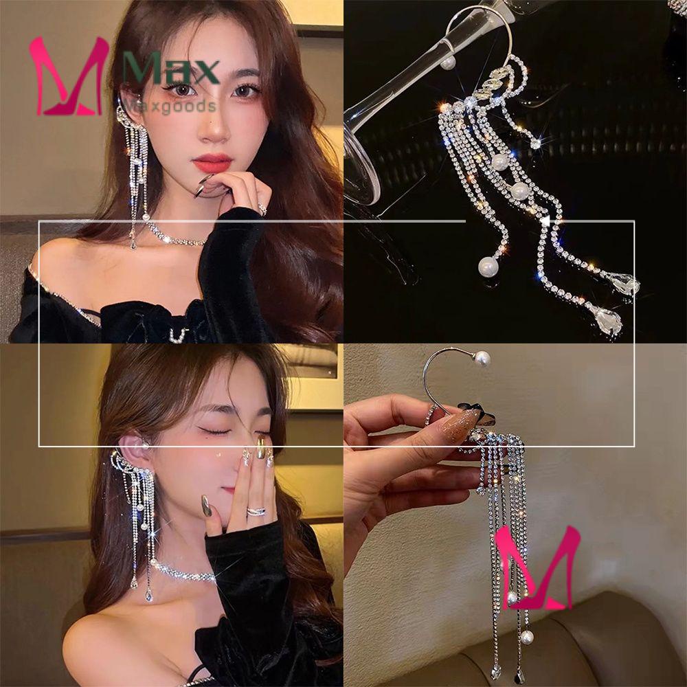 Khuyên Kẹp Vành Tai Không Cần Xỏ Khuyên Đính Đá Zircon Phối Tua Rua Thời Trang Cho Nữ|Bông Tai Ngọc Trai