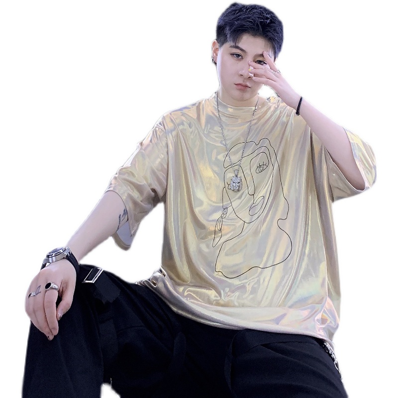 Áo Thun Tay Ngắn Cổ Tròn Đính Kim Sa Phản Quang Phong Cách Hàn Quốc Thời Trang Mùa Hè Cho Nam Giới 5 Màu Lựa Chọn