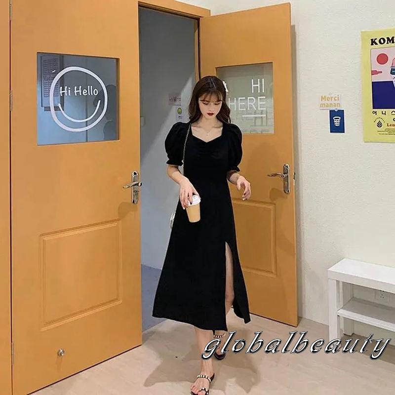 Đầm Chữ A Tay Phồng Ngắn Cổ Chữ V Màu Trơn Thời Trang Mùa Hè Cho Nữ Đen