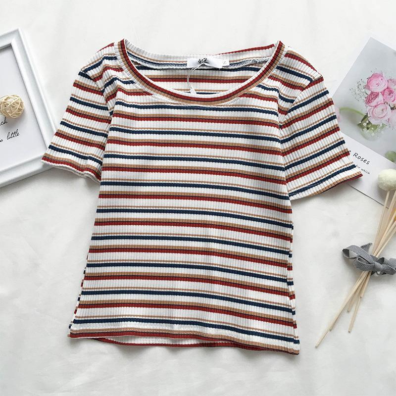 Áo Thun Tay Ngắn Họa Tiết Kẻ Sọc Phong Cách Mới Dành Cho Nữ