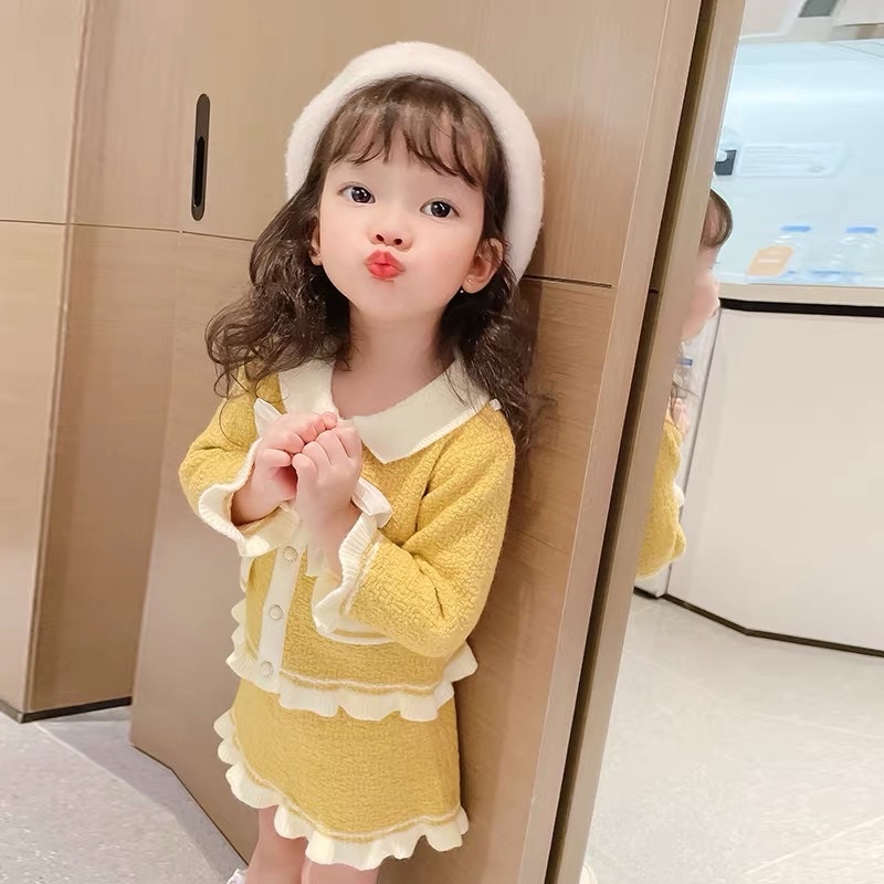 Set len nơ kèm chân váy cho bé gái