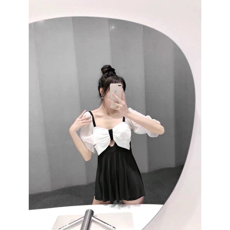 Bộ đồ bơi nữ liền thân dáng váy nơ xinh tay phối voan trắng