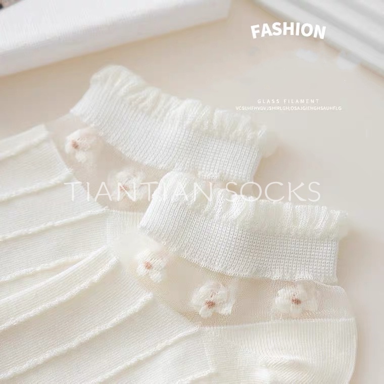 TIAN TIAN T180 Vớ Cổ Thuyền Bằng Lụa Xuyên Thấu Mỏng Màu Trắng Phối Ren Đính Nơ Dễ Thương Phong Cách Nhật Bản Thời Trang Mùa Hè Cho Nữ