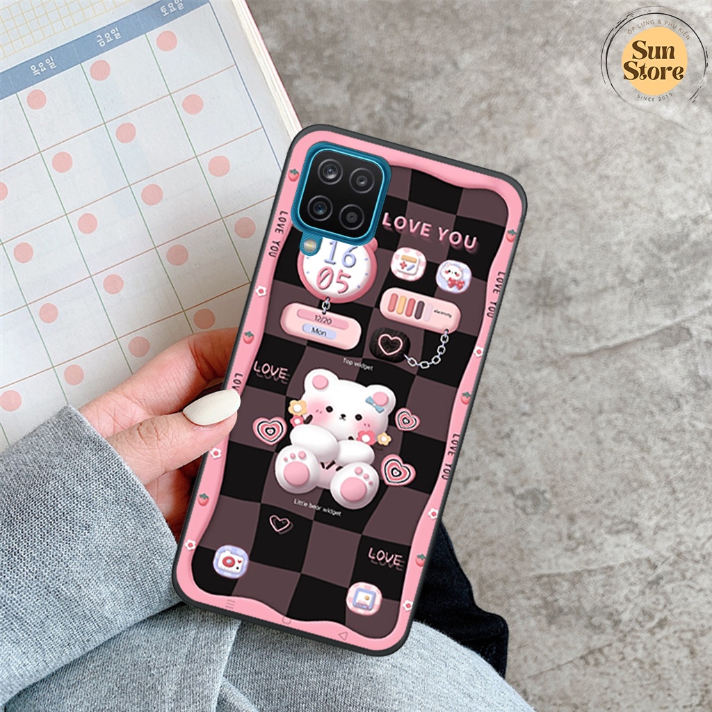 Ốp lưng Samsung A12 - M12 - A22 4G - M22 4G hoạ tiết 3D nền kẻ caro, gấu đáng yêu viền dẻo