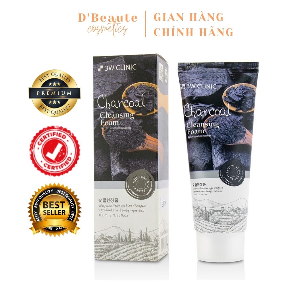 Sữa rửa mặt than hoạt tính 3W CLINIC CHARCOAL CLEANSING FOAM 100ml - Hàn Quốc Chính Hãng