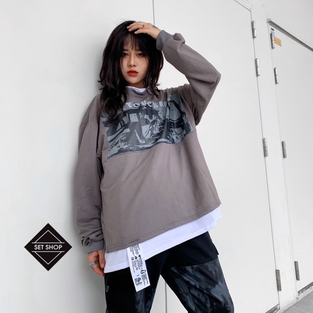 Áo sweater nỉ layer vạt trắng