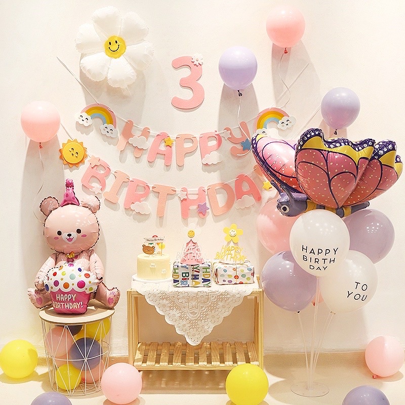 Bóng trang trí gấu ôm bánh kem, gấu teddy
