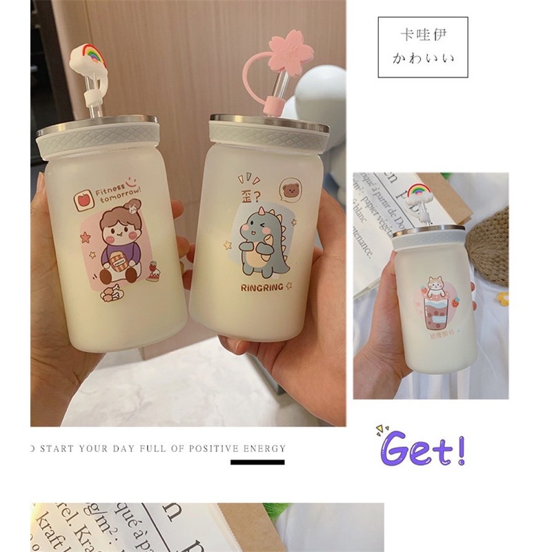 Cốc/Bình Thủy Tinh Đựng Nước Dày Kèm Ống Hút Họa Tiết Hoạt Hình Siêu Dễ Thương