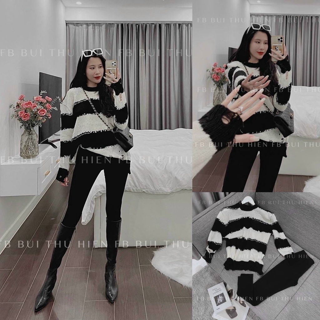Áo len rách kẻ ngang form rộng giấu quần bigsize mặc được