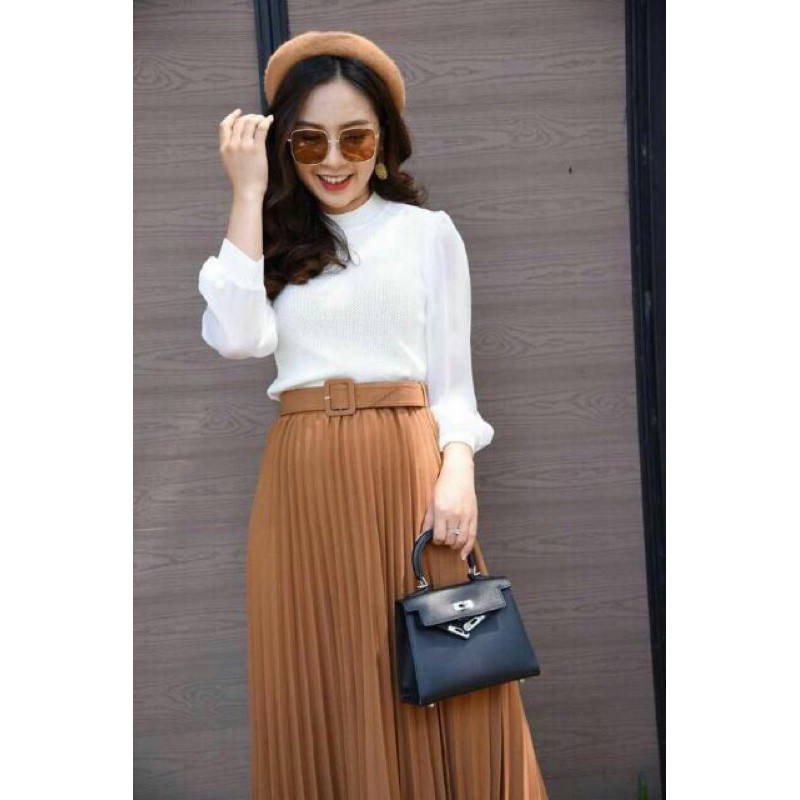 Chân váy xếp ly dáng dài 75cm kèm belt đủ màu có video